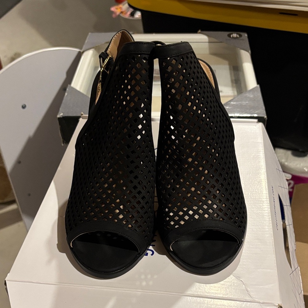 Call It Spring Black Peep Toe Laser-Cut Heels